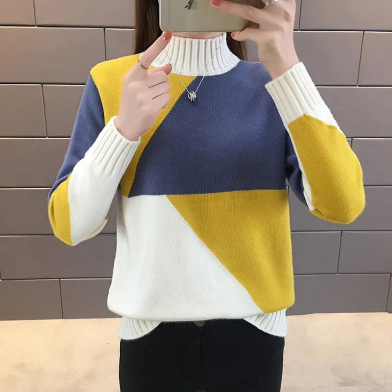 Korean Female Sweater Pullover New Fashion Contrast Color Long Sleeve Knit Jumper Loose Half Turtleneck Sweater Women Clothing
Korean Female Sweater Pullover New Fashion Contrast Color Long Sleeve Knit Jumper Loose Half Turtleneck Sweater Women Clothing