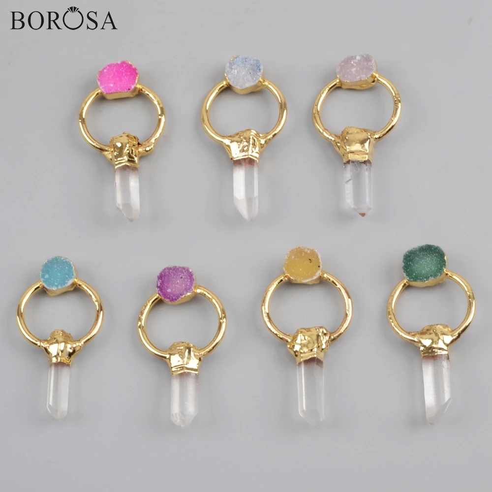 BOROSA 5PCS Mixed Color Gild Aura Druzy Crystal Quartz Point With Agates Drusy Titanium Rainbow Charm Pendants Bead G1808 | Украшения и