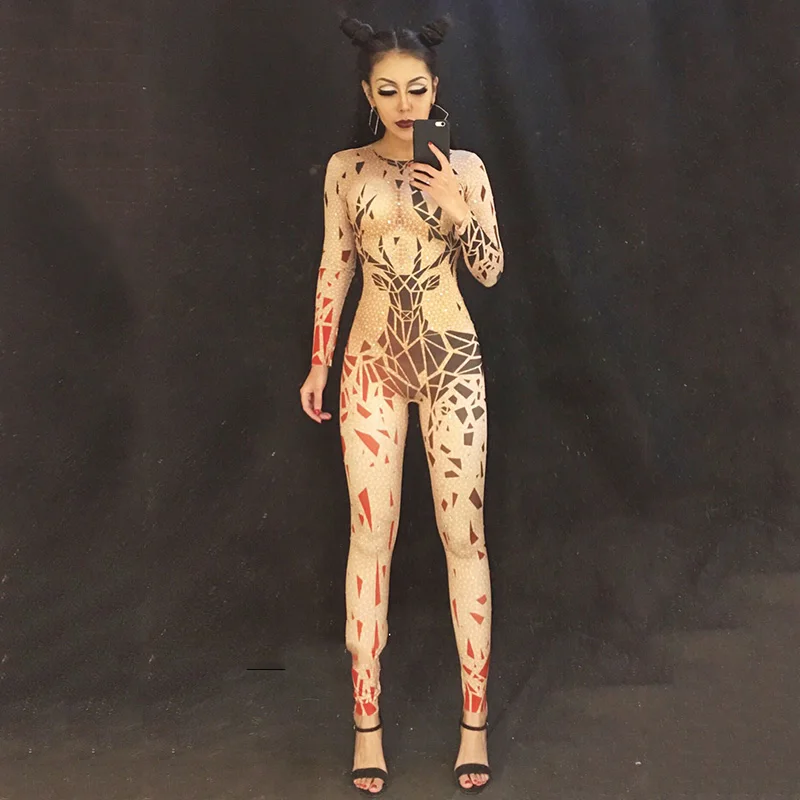 Long Sleeve Elk Print Nude Color Jumpsuit One Piece Bodysuit Costume Stage Outfit Singer Dancer Performance Rompers DNV10835 |