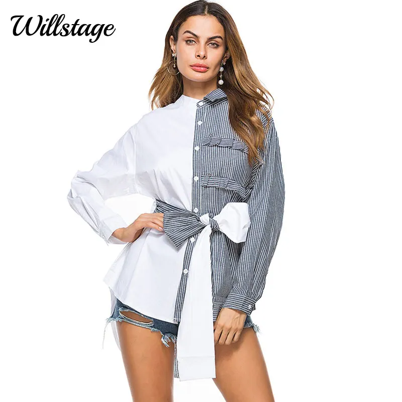 Willstage Women Long Blouses Striped Patchwork Waist Bow Lace up Shirts Front Back Button Novelty Tops 2019 Autumn Blouse
Willstage Women Long Blouses Striped Patchwork Waist Bow Lace up Shirts Front Back Button Novelty Tops 2019 Autumn Blouse