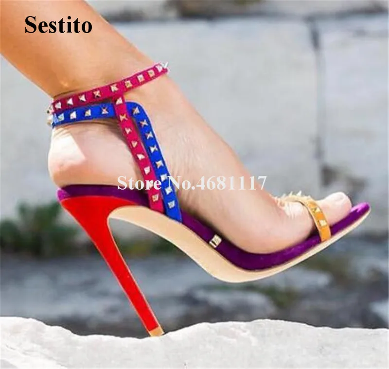 Women Summer Mix-colors Sandals Thin Straps Stiletto Heel Rivet Ankle Straps High Heel Sandals Club Shoes New Fashion
Women Summer Mix-colors Sandals Thin Straps Stiletto Heel Rivet Ankle Straps High Heel Sandals Club Shoes New Fashion