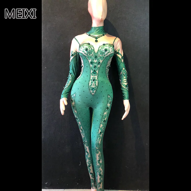 Unique emerald-green stretch rhinestone jumpsuit bar party concert singer and dancer costumes
Unique emerald-green stretch rhinestone jumpsuit bar party concert singer and dancer costumes