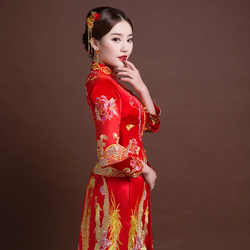 Китайское традиционное свадебное платье Cheongsam с вышивкой в восточном стиле