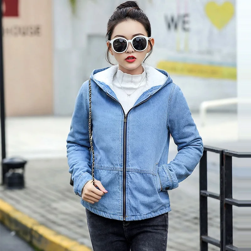 New 2020 Fashion Winter denim Jacket Casual Hooded Outwear Women Warm Lambswool Denim Coat Thickening Long Sleeve Jeans | Женская одежда