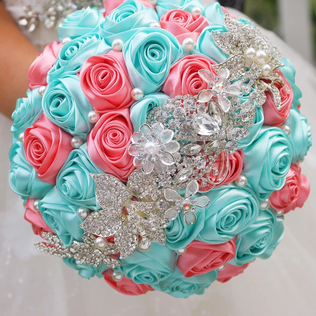 DIY brooch bouquet Silk Bride Bridal Wedding Bouquet Bridesmaid cyan-blue & coral Cloth roses Customizable diamond bouquets
DIY brooch bouquet Silk Bride Bridal Wedding Bouquet Bridesmaid cyan-blue & coral Cloth roses Customizable diamond bouquets