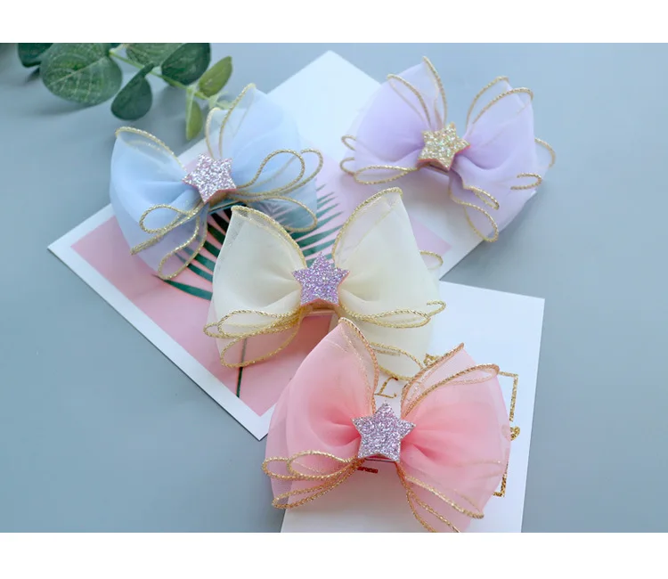 15 pcs/lot, Women Girls Gold Trim Organza Hair Bow Clips with glitter Star center
15 pcs/lot, Women Girls Gold Trim Organza Hair Bow Clips with glitter Star center