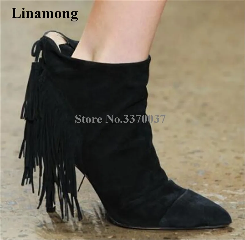 

Newest Fashion Women Pointed Toe Suede Leather Back Tassels Thin Heel Short Boots Black Camel Fringes High Heel Ankle Boots