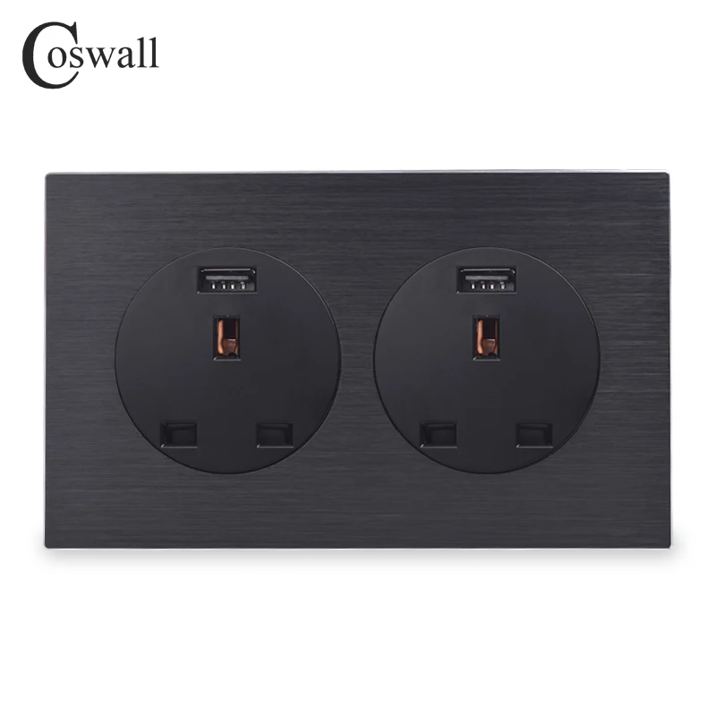 

Coswall Aluminum Panel 2 Gang 13A Wall Outlet UK Standard Power Socket With Dual USB Fast Charging Port 146mm*86mm R12 Series