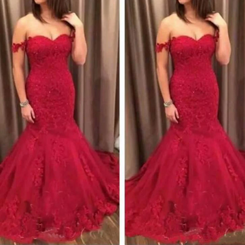 Newest Red Off-The-Shoulder Mermaid Prom Dresses Lace Applique With Ruffles Sweep Train Long Party Evening Gowns
Newest Red Off-The-Shoulder Mermaid Prom Dresses Lace Applique With Ruffles Sweep Train Long Party Evening Gowns