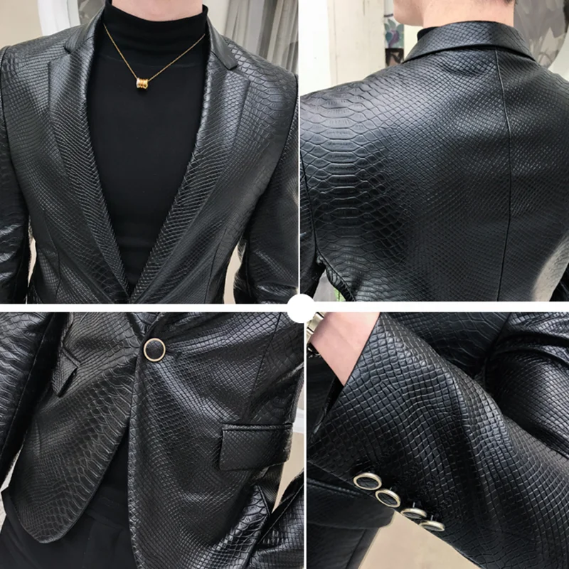 2019 Solid Black quality Slim Blazer PU Leather Jacket Men One Button Business Casual Prom Blazers For Men Korean Suit Coat 159
2019 Solid Black quality Slim Blazer PU Leather Jacket Men One Button Business Casual Prom Blazers For Men Korean Suit Coat 159