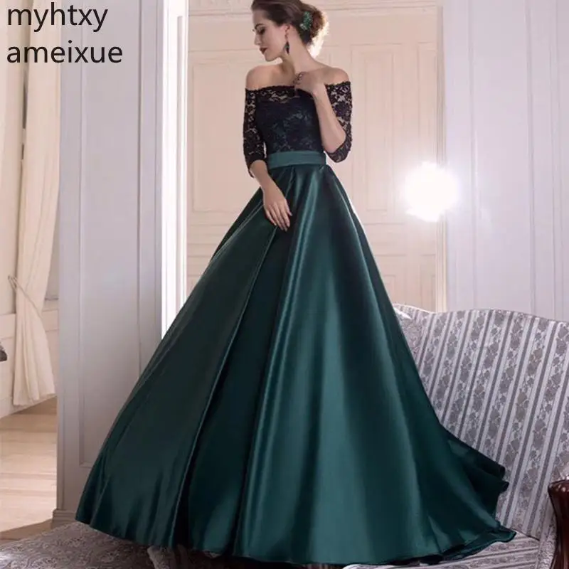 New Shoulder Custom Prom Dresses With Half Sleeves Black Lace Top Dark Green Satin Skirt Women Formal Party Dress A-line Gowns
New Shoulder Custom Prom Dresses With Half Sleeves Black Lace Top Dark Green Satin Skirt Women Formal Party Dress A-line Gowns
