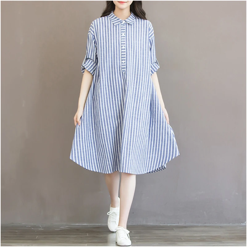 APOENGE autumn summer cotton and linen shirt dress blue stripe long sleeve loose in large plus size Linen LZ186 |