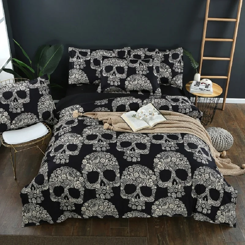 

skull skeleton black death's-head design twin king queen full double bedclothes pillowcase duvet cover set bedding set