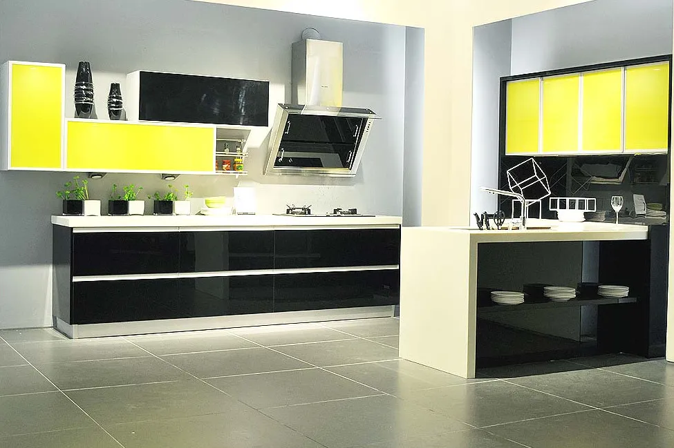 Глянцевая современная кухонная мебель два цвета черный желтый|modern kitchen furniture|kitchen