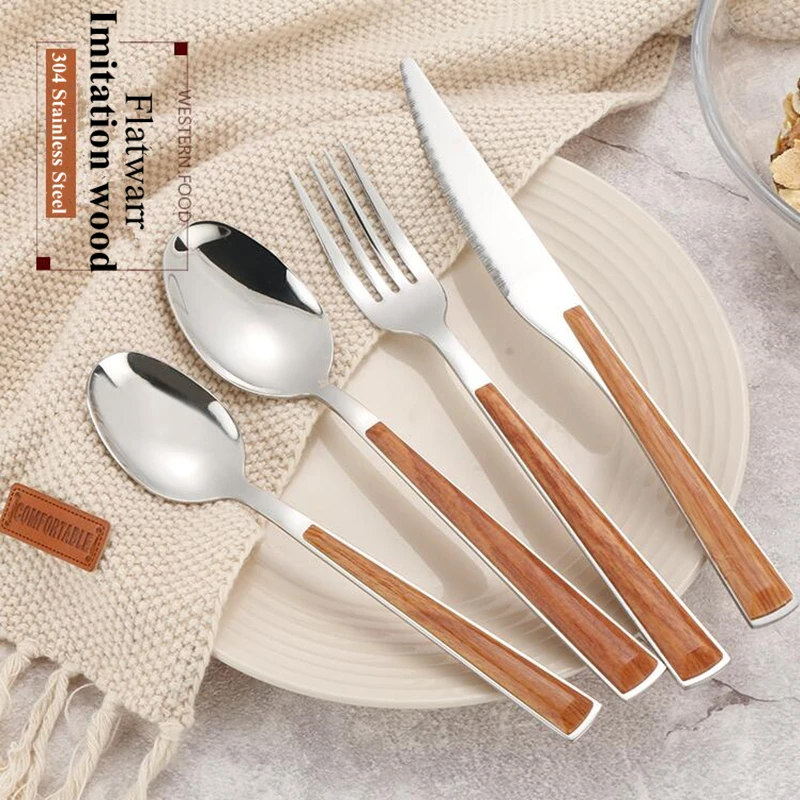 24pcs KuBac Hommi Quality 18/10 Stainless Steel Dinnerware Set Brown Imitation Wood Handle Cutlery Set Drop Shipping
24pcs KuBac Hommi Quality 18/10 Stainless Steel Dinnerware Set Brown Imitation Wood Handle Cutlery Set Drop Shipping