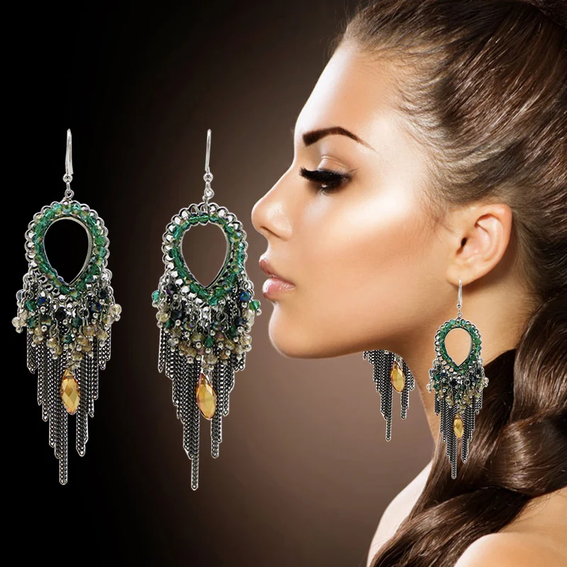 Green Crystal Beaded Teardrop Earrings Ethnic Vintage Crystal Chain Drop Earrings With Tassels Handmade Hanging Earrings
Green Crystal Beaded Teardrop Earrings Ethnic Vintage Crystal Chain Drop Earrings With Tassels Handmade Hanging Earrings
