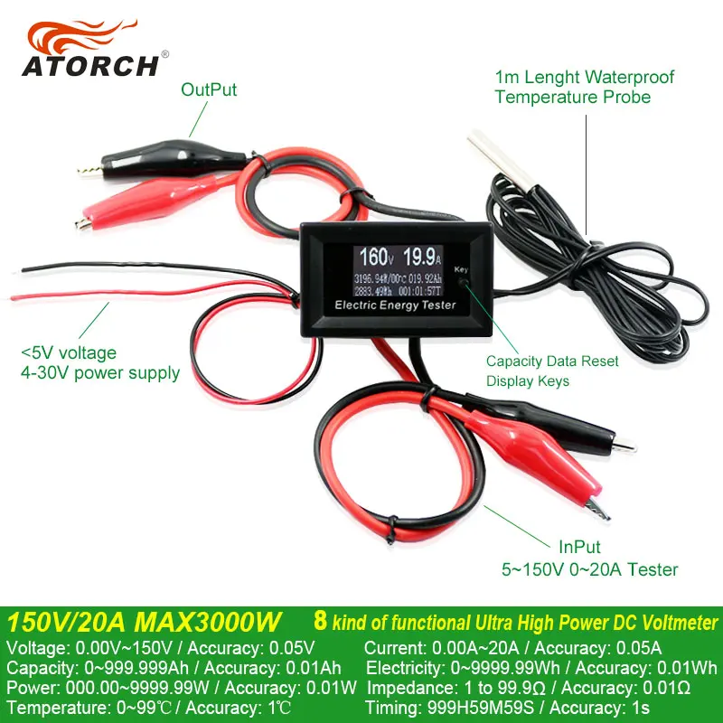 ATORCH DC 150V 20A Current Meters digital voltmeter ammeter voltage amperimetro watt metercapacity tester indicator lcd monitor
ATORCH DC 150V 20A Current Meters digital voltmeter ammeter voltage amperimetro watt metercapacity tester indicator lcd monitor