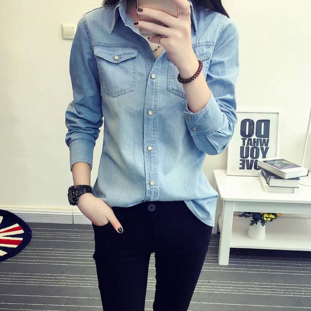 women clothing cotton denim washed shirts long sleeve two pockets women shirts easy match slim fit thin tops students clothing
women clothing cotton denim washed shirts long sleeve two pockets women shirts easy match slim fit thin tops students clothing