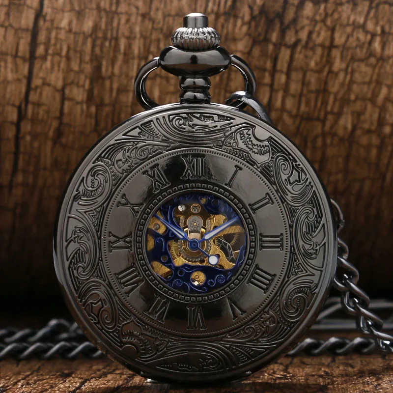 Steampunk Mechanical Pocket Watch Black Hollow Roman Numeral Case Short Chain Vintage Pendant Clock Unique Gifts for Men Women
Steampunk Mechanical Pocket Watch Black Hollow Roman Numeral Case Short Chain Vintage Pendant Clock Unique Gifts for Men Women