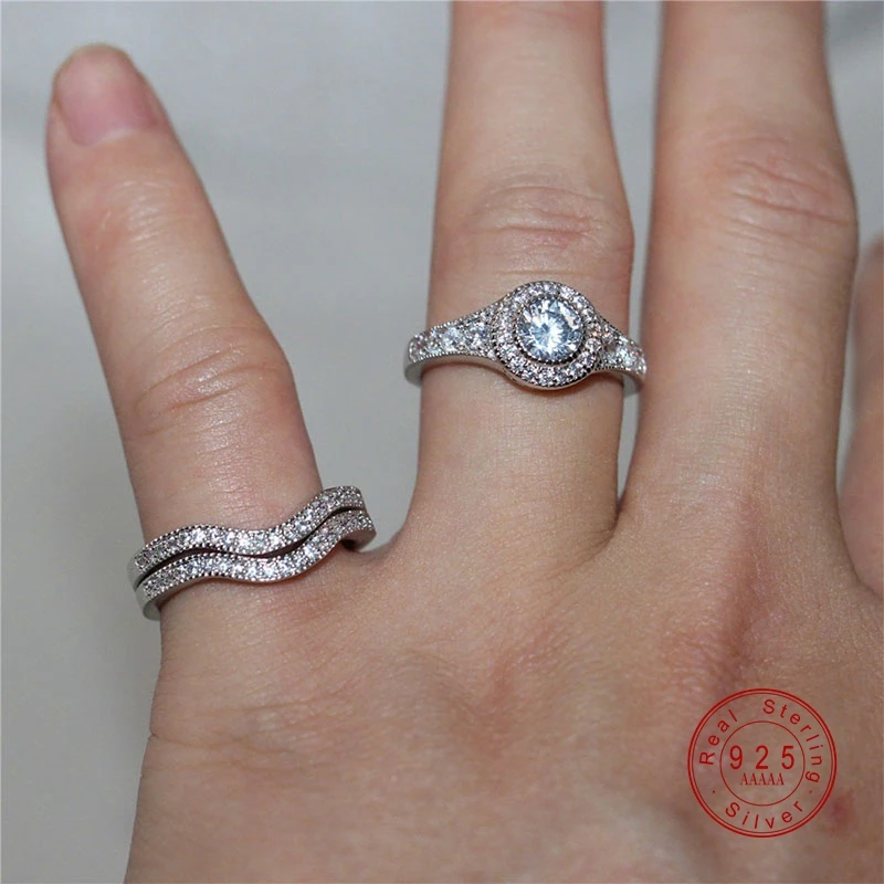 2019 New 3 pcs / Set Luxury Female White Round AAA Zircon Ring Fashion Silver Promise Engagement Rings For Women Jewelry | Украшения и