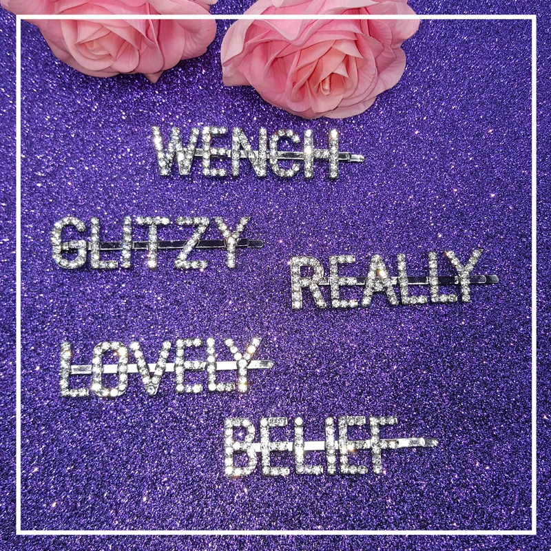 New Arrival Word Hairclips "WENCH" "GLITZY" "REALLY" "LOVELY" "BELIEF" Crystal Hair Bobby Pins Wholesale
New Arrival Word Hairclips "WENCH" "GLITZY" "REALLY" "LOVELY" "BELIEF" Crystal Hair Bobby Pins Wholesale
