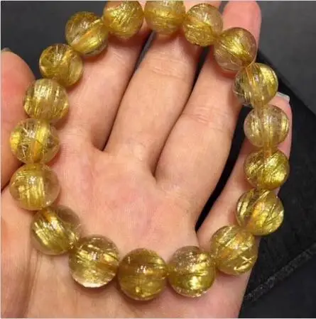 free shipping 11mm Natural Gold Rutilated Quartz Titanium Stretch Crystal Beads Bracelet | Украшения и аксессуары