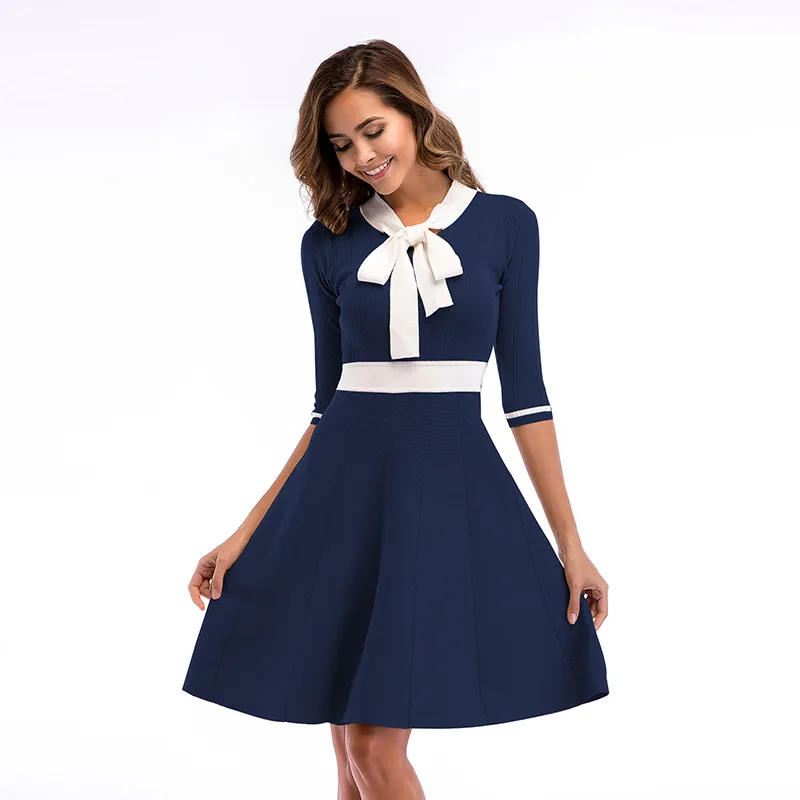 Bella Philosophy Elegant Bow Tie Neck Patchwork Big Swing Knitted Dress Women Mini Dresses Office Lady Half Sleeve Sweet Dress
Bella Philosophy Elegant Bow Tie Neck Patchwork Big Swing Knitted Dress Women Mini Dresses Office Lady Half Sleeve Sweet Dress