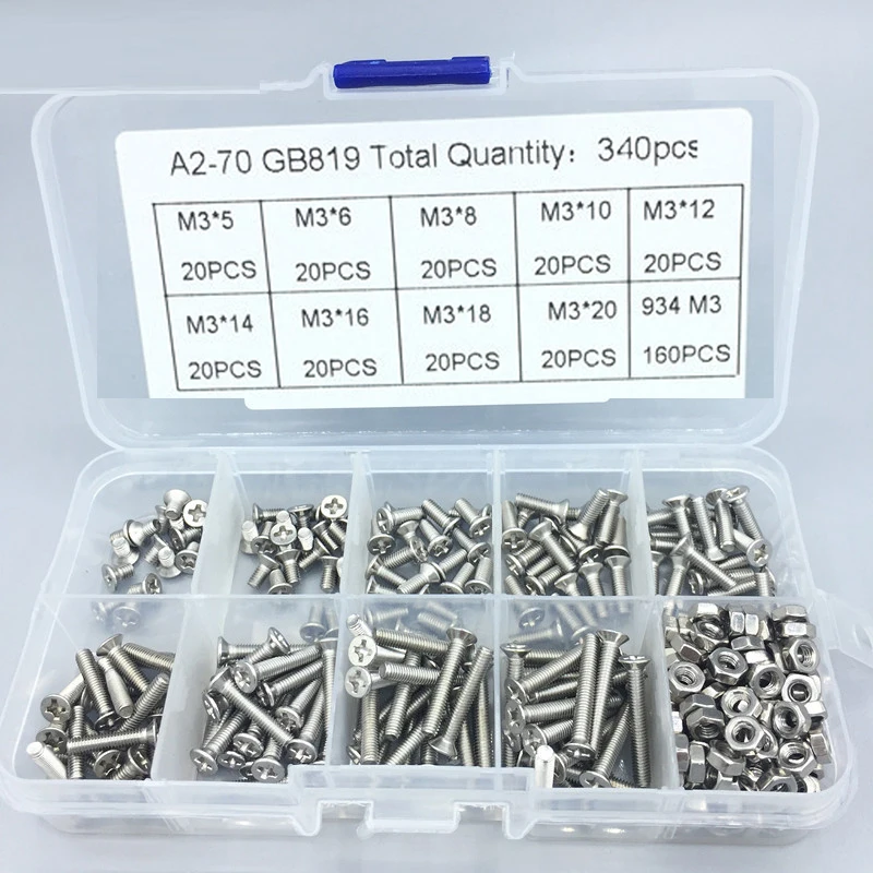 340pcs GB819 M3 304Stainless Steel flat head cross metric Countersunk head screw and Nuts Assortment Kit Phillips machine Screw
340pcs GB819 M3 304Stainless Steel flat head cross metric Countersunk head screw and Nuts Assortment Kit Phillips machine Screw