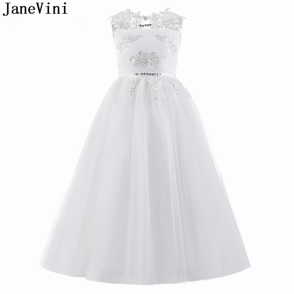 Красивое белое платье для девочки с цветочным принтом jaevini, свадебное Тюлевое платье в пол с аппликацией и блестками, ТРАПЕЦИЕВИДНОЕ ПЛАТЬЕ для девочки для первого причастия