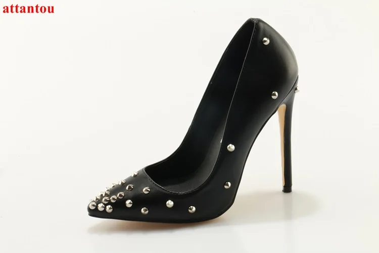 Rivets black high heels 12CM woman dress shoes thin heel female outfit pumps slip-on pointed toe party shoes stiletto heels
Rivets black high heels 12CM woman dress shoes thin heel female outfit pumps slip-on pointed toe party shoes stiletto heels