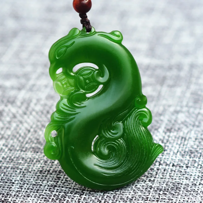 

Drop Shipping Green HETIAN Jades Pendant Necklace Carved Double-sided Hollow-out Dragon Fortune Amulet Women Fashion Jewelry