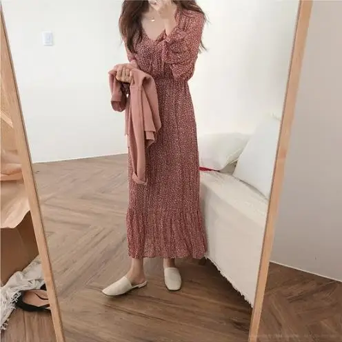 2019 весеннее дизайнерское ретро платье для женщин в Корейском стиле с длинным