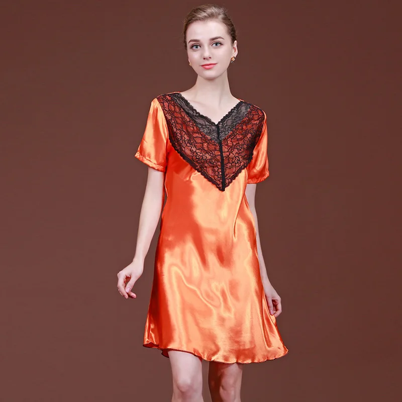 Lady New Silk Sleepdress Female Summer Home Wear Short Sleeves Female Fashion V Neck Silk Nightdress Sexy Lace Nightdress B-6764
Lady New Silk Sleepdress Female Summer Home Wear Short Sleeves Female Fashion V Neck Silk Nightdress Sexy Lace Nightdress B-6764