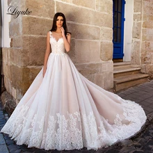 Liyuke Blush Pink Color A Line Wedding Dress With Court Train Elegant Lace Of Sleeveless Wedding Gown