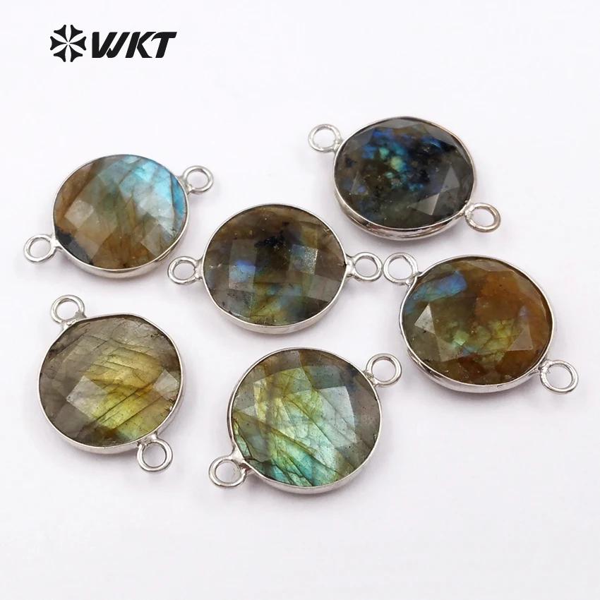 

WT-C239 Mysterious Round Shape Faced Bracelet Connector Classic Labradorite Silver Electroplated Connector About 16MM