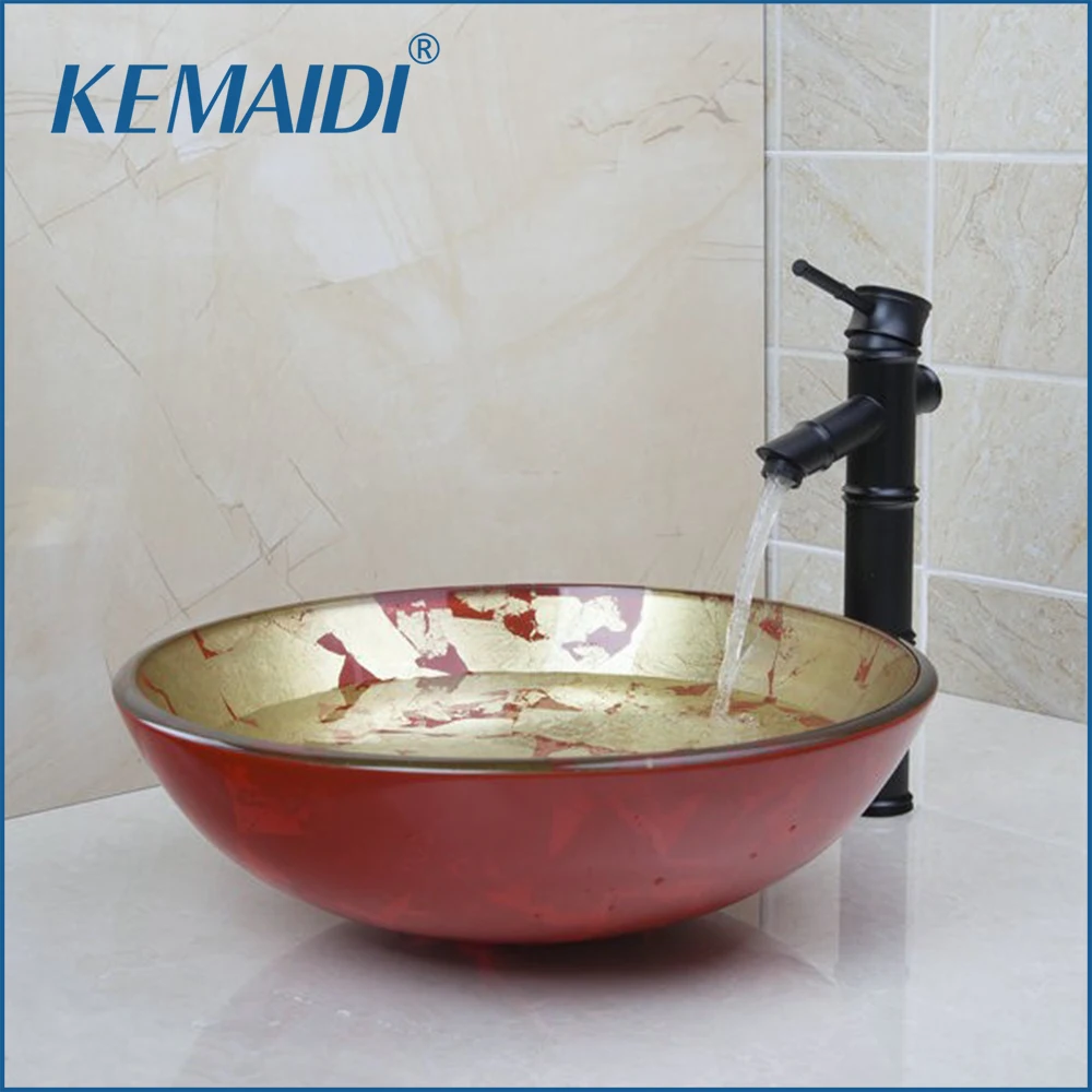 

KEMAIDI Black ORB Mixer Tap Bathroom Tempered Glass Basin Sink Set With Oil Rubbed Bronze Finish Faucet Taps Water Drain