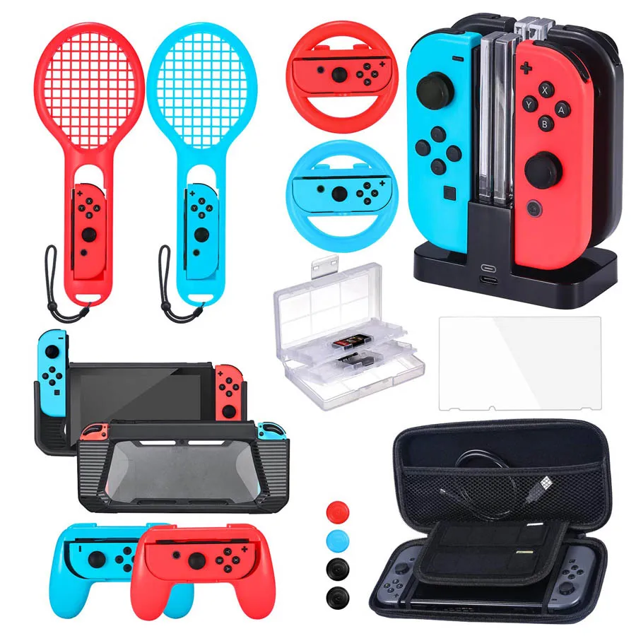Switch Accessories Kit Tennis Racket Steering Wheel Joypad Hand Grip 4 in1 Charging Dock Carrying Case Tempered Glass For NS
Switch Accessories Kit Tennis Racket Steering Wheel Joypad Hand Grip 4 in1 Charging Dock Carrying Case Tempered Glass For NS