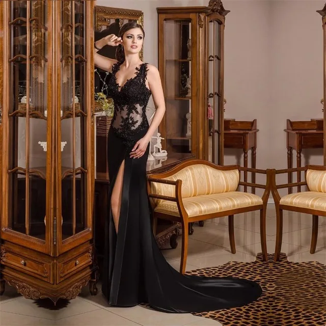 2017 Новый Спинки Sexy Русалка Пром Платья Черный Длинное Вечернее Dress С Аппликация