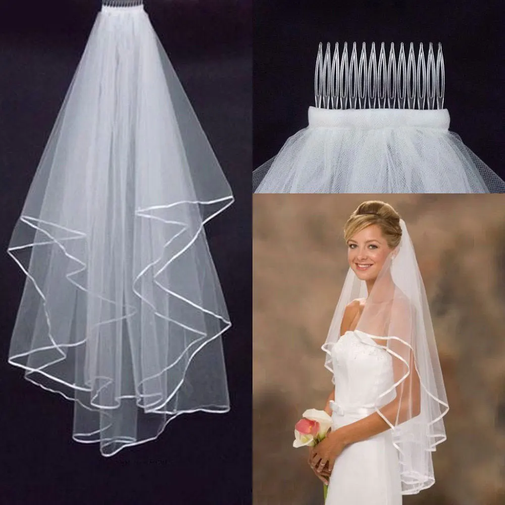 Wedding Simple Tulle White Ivory Two Layers Bridal Veils Ribbon Edge Cheap Bride Accessories 75cm Short Women Veil With Comb | Свадьбы и