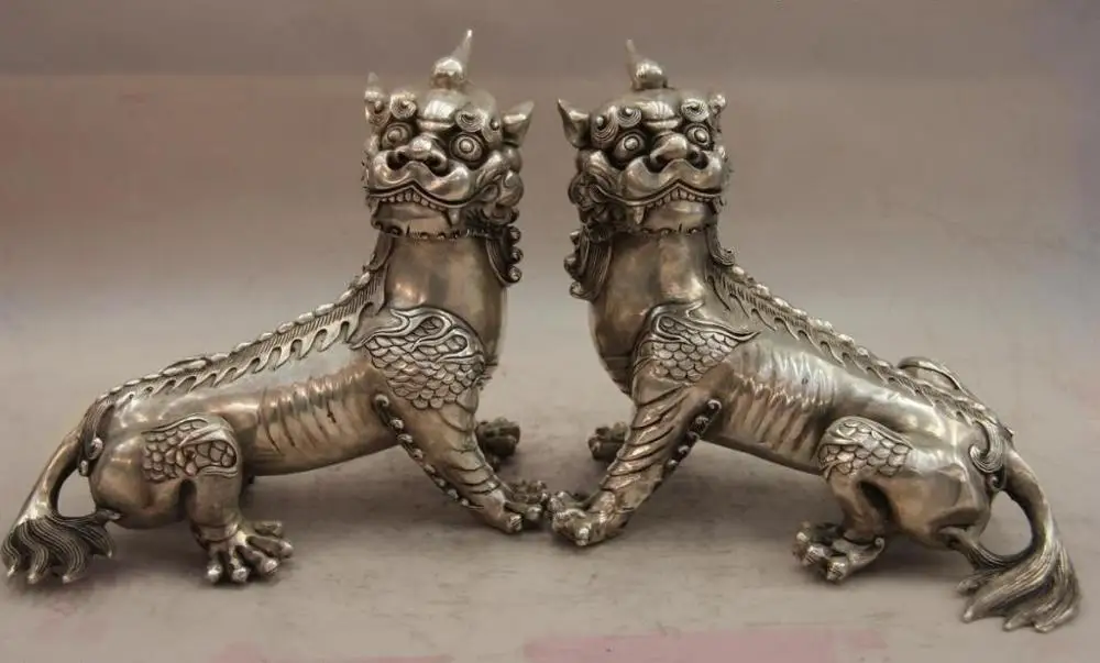 China White Copper Silver Palace Kirin Unicorn kylin Foo Dog Lion Pair Statue 23cm
China White Copper Silver Palace Kirin Unicorn kylin Foo Dog Lion Pair Statue 23cm