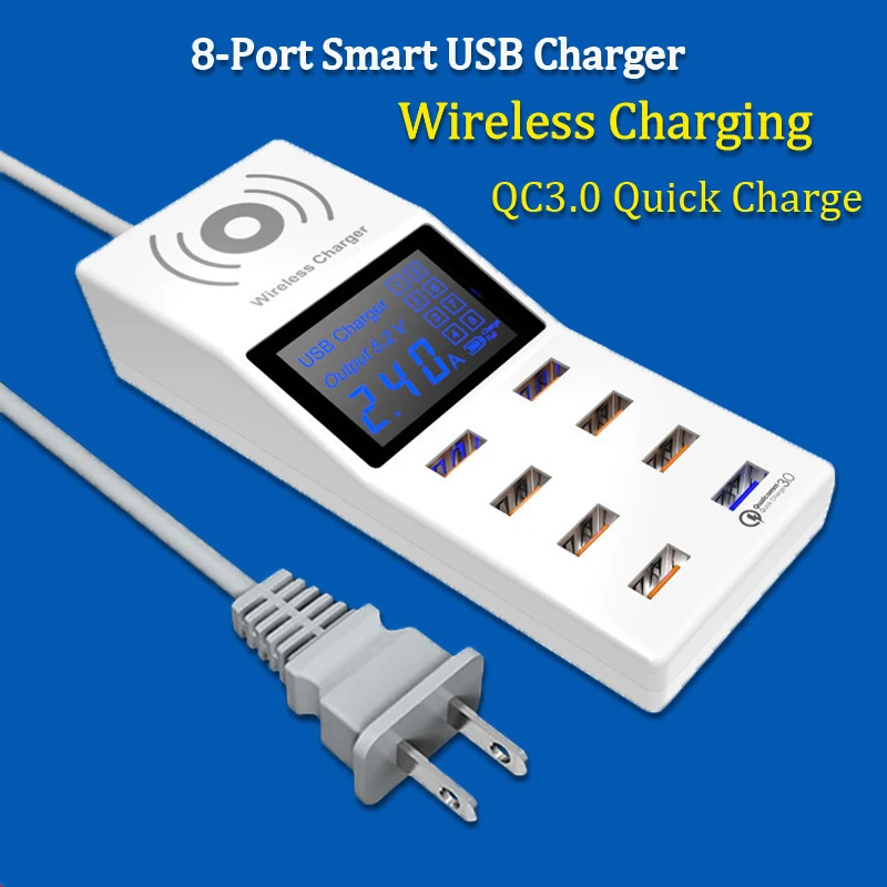 Умное Беспроводное зарядное устройство USB Quick Charge 3,0 с 8 портами и светодиодным дисплеем
Умное Беспроводное зарядное устройство USB Quick Charge 3,0 с 8 портами и светодиодным дисплеем