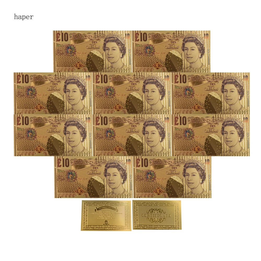 

10pcs /lot British UK England Stunning Coloured Gold Plated British Banknote 10 Pound for Gifts