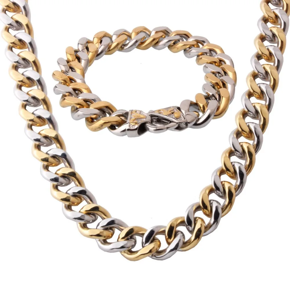 

Cool Gift 316L Stainless Steel Silver Color Gold Cuban Curb Link Chain Necklace 24" And Bracelet 8.66" Fashion Jewelry Set 15MM