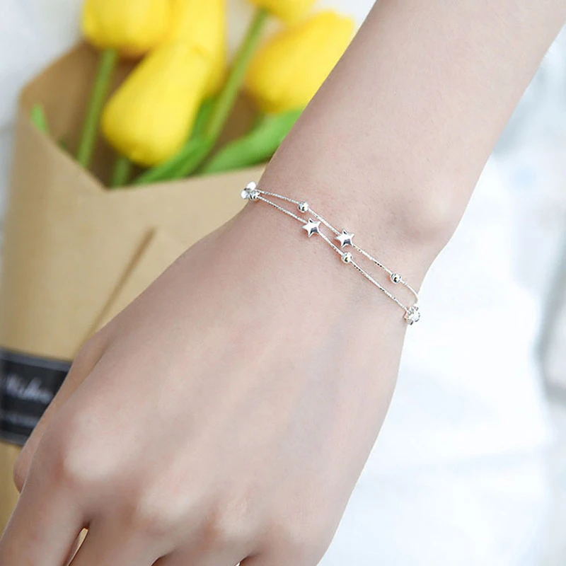 Double Layers Stars Bracelet Bangle For Women Copper Extended Link Chain White Gold Color Summer Jewelry Gift | Украшения и