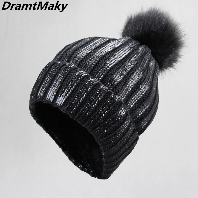 

bronzing gold and silver winter hats with caps raccoon fur pompon hat for women winter knitting warm hat female skullies beanies