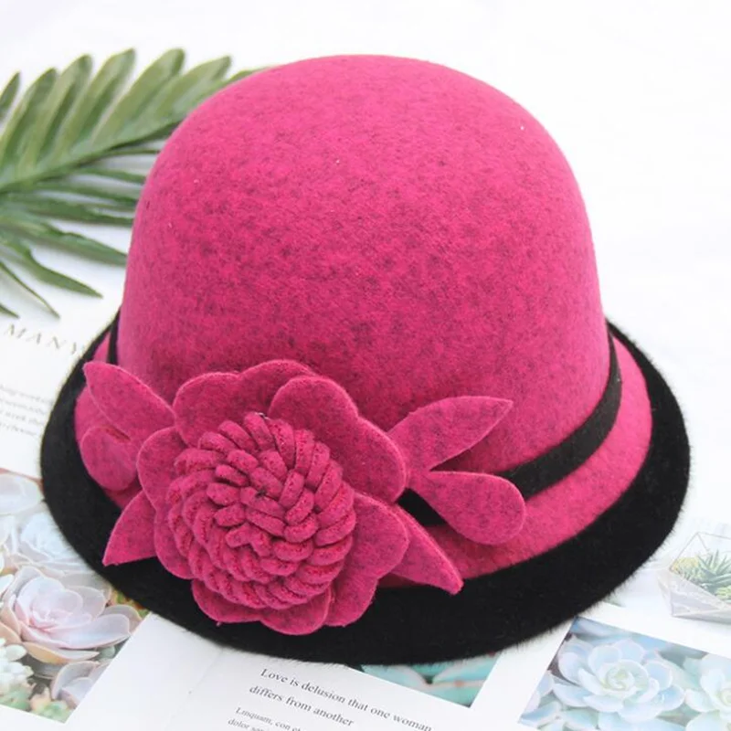 Новинка Зимняя женская шерстяная шапка с цветочным принтом шляпы федоры
