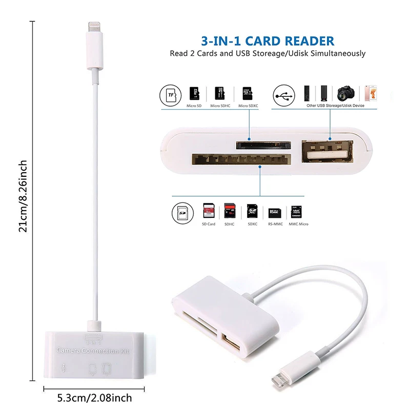 1pc 3 in 1 Card Reader for Tablet iPad 4 Mini IOS 11 Micro SD SD MMC TF Card Reader USB OTG Cable Adapter Camera Connection
1pc 3 in 1 Card Reader for Tablet iPad 4 Mini IOS 11 Micro SD SD MMC TF Card Reader USB OTG Cable Adapter Camera Connection