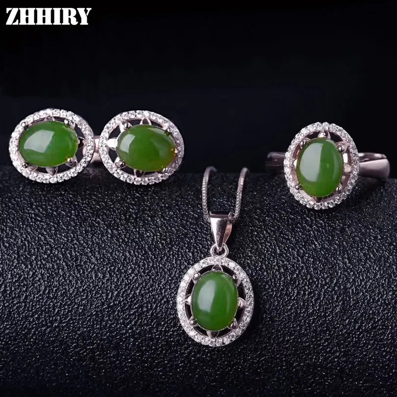 

Women Natural Green Jasper Gemstone Jewelry Sets Genuine 925 Sterling Silver Ring Earrings Necklace Pendant ZHHIRY