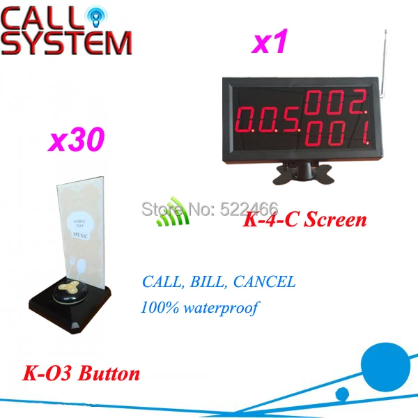 Wireless Waiter Call System with CE certification, one set including 30 call buttons and 1 number display
Wireless Waiter Call System with CE certification, one set including 30 call buttons and 1 number display