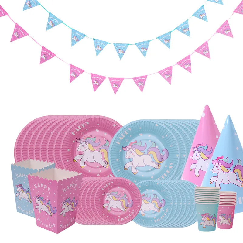 Розовый голубой Единорог украшения для дня рождения Детская тарелка воздушный